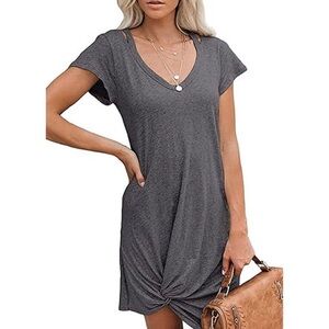 Berryou Casual Short Sleeve V Neck Front Knot Twist Tie T Shirt Dress
